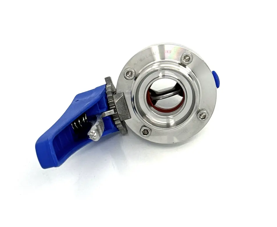 Scheibenventil beidseitig Milchrohraussengewinde mit Handgriff Edelstahl1.webp