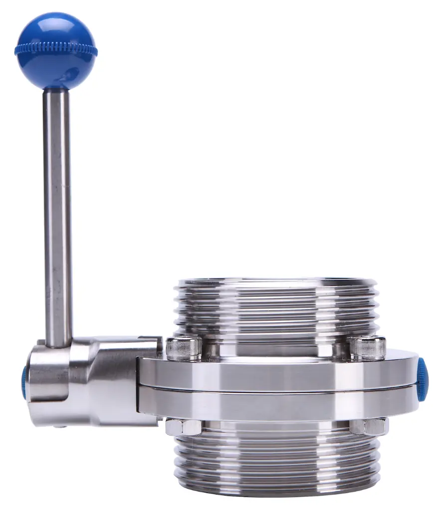 Scheibenventil beidseitig Milchrohraussengewinde Edelstahl1.webp