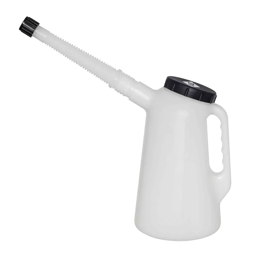 Oil measuring cup with flexible spout and lid