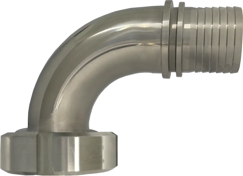 Milk pipe elbow 90° cone connection on hose nozzle, stainless steel
