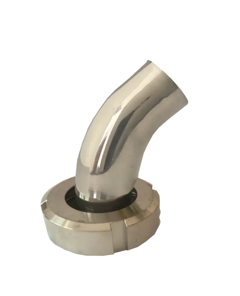 Milk pipe elbow 45° cone connection on weld-on end stainless steel