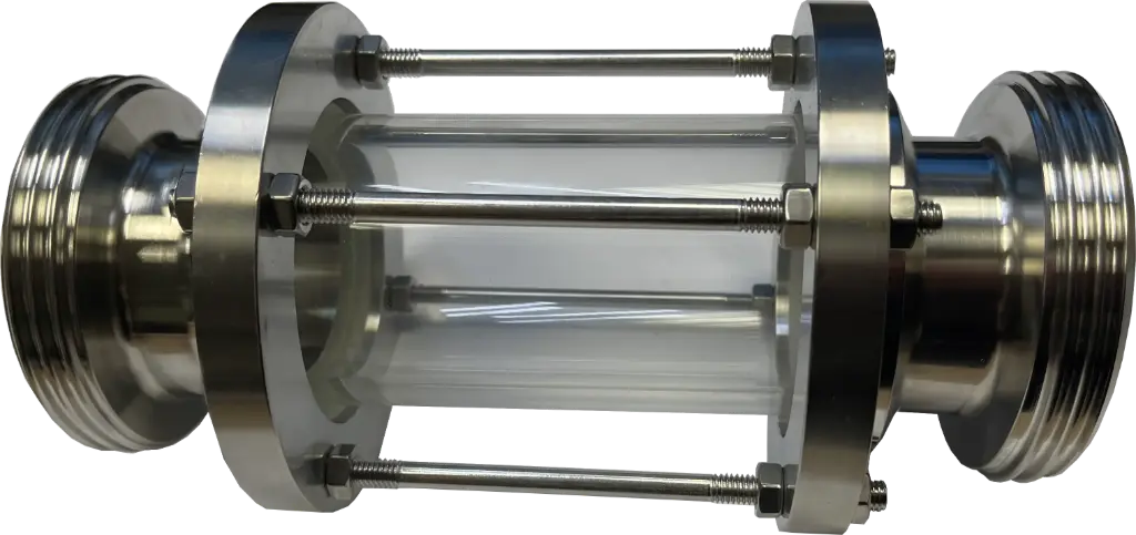Milk pipe sight glass, external thread on both sides, stainless steel
