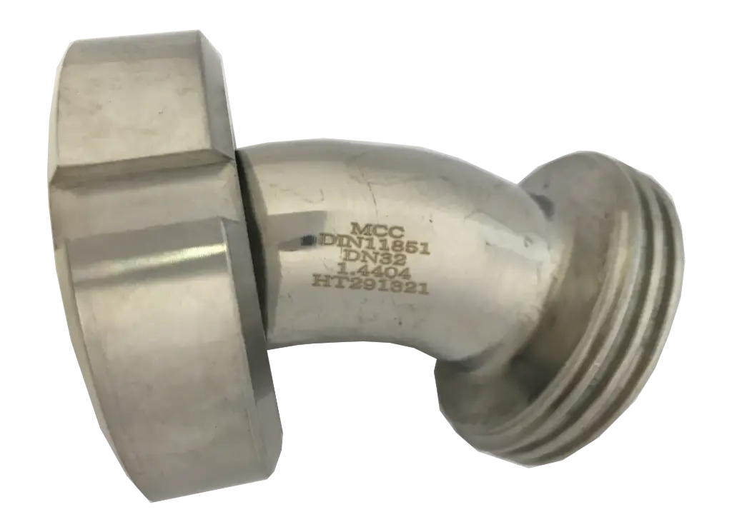 [107920] Milk pipe elbow 45° cone connection to external thread, stainless steel (DN20 RD44)
