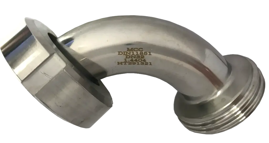 Milk pipe elbow 90° cone connection to external thread, stainless steel