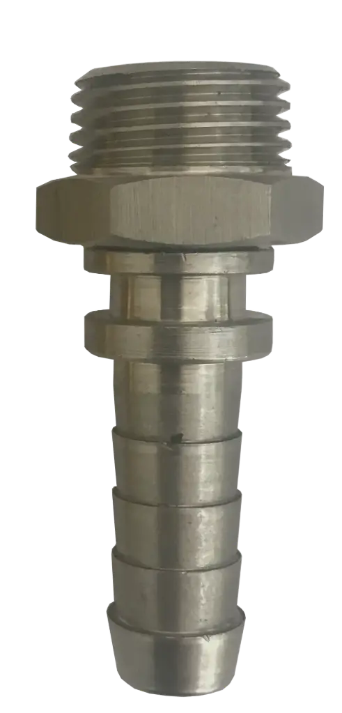 Hose nozzle with external thread, rotatable, stainless steel