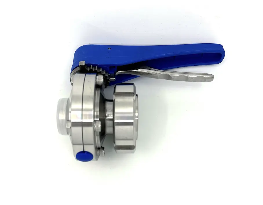 Disc valve, milk pipe female thread on weld-on end with scissor handle, stainless steel