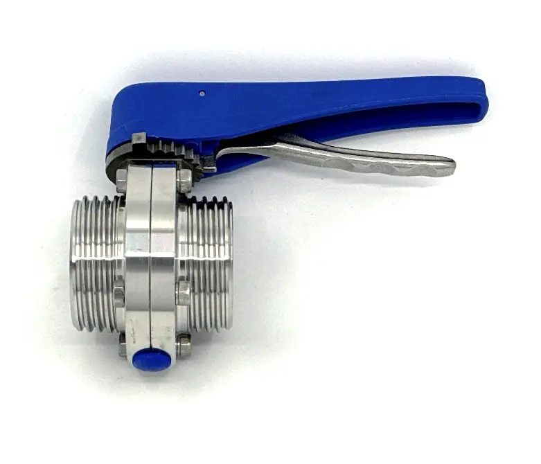 [108889] Disc valve on both sides, milk pipe external thread with scissor handle, stainless steel (DN10)