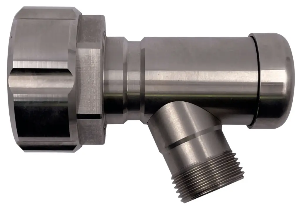 [104121] Self-closing barrel tap for S60x6 IBC with swivel joint, stainless steel