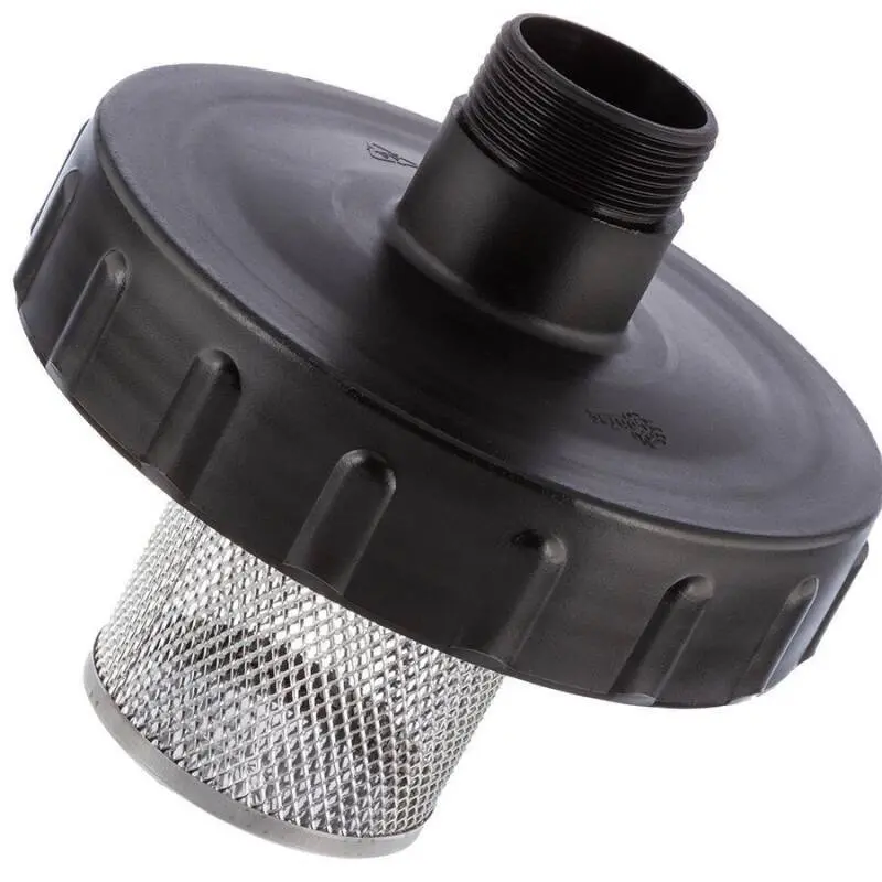 IBC container lid with external thread and V2A filter basket